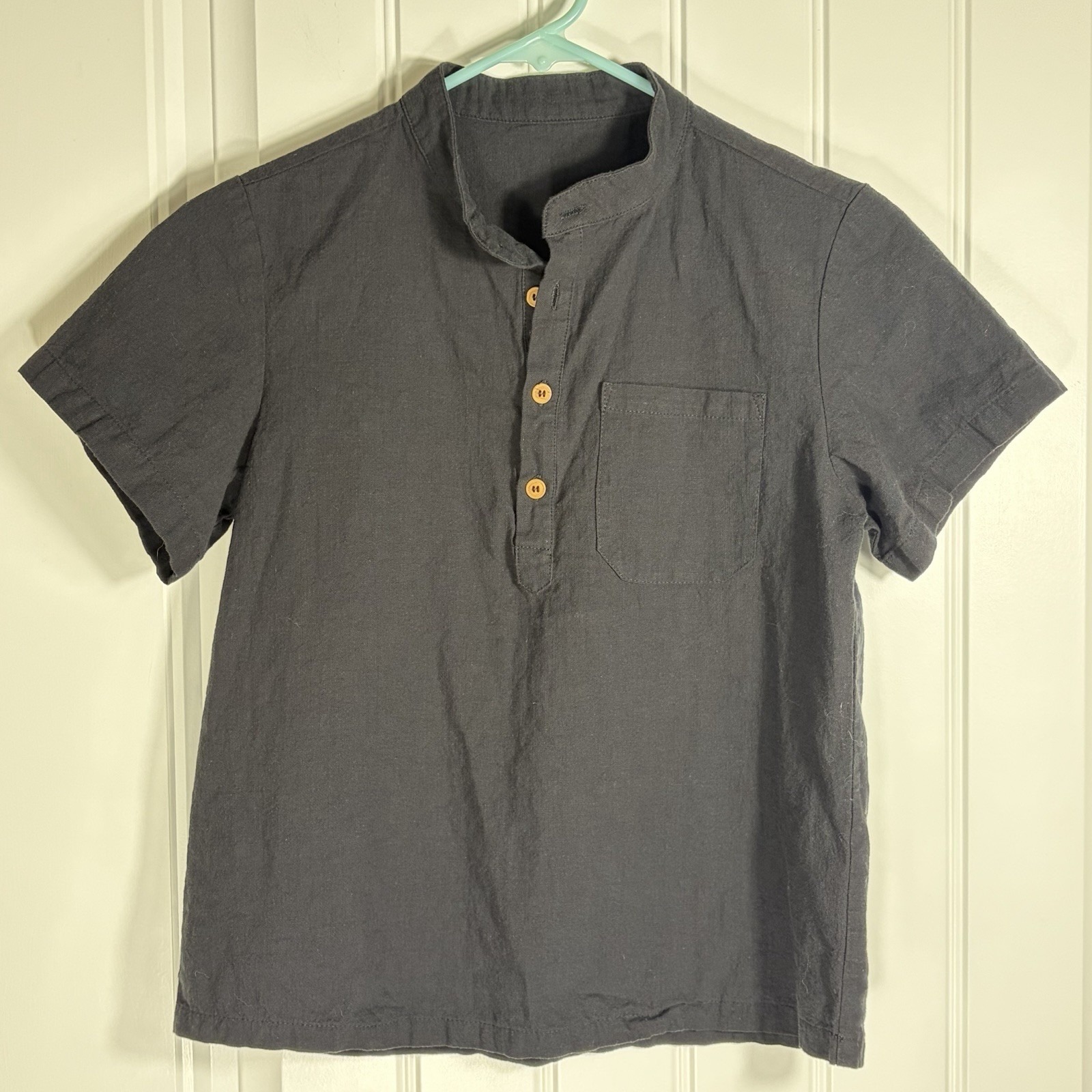 Black Mandarin Collar Short Sleeve Shirt Button Pocket Top Size Xs